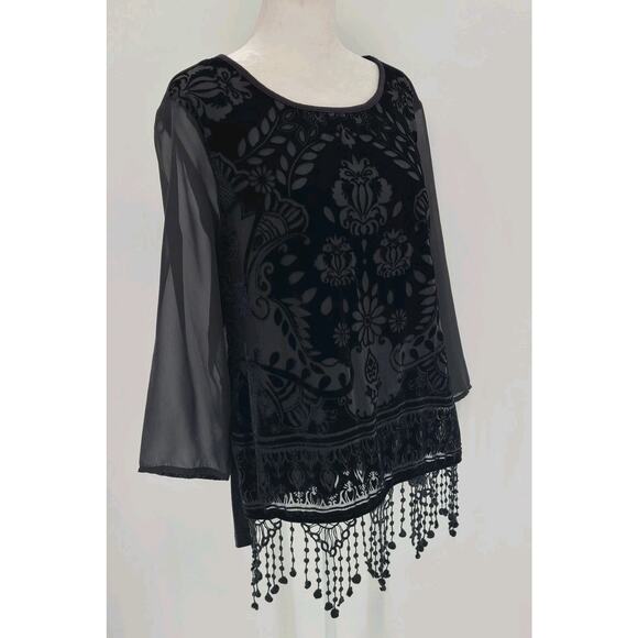 Whimsigoth Burnout Velvet Shirt Top Small Vamp Witchy Edgy Fringe Sheer Crochet - Picture 7 of 15